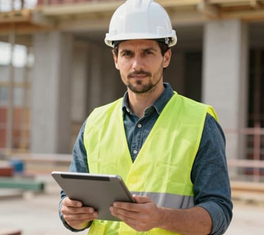 A professional portrait of a male structural engineer in his 30s, wearing a white hard hat and a professional vest, holding a digital tablet with blueprints. Central European setting at a construction site.