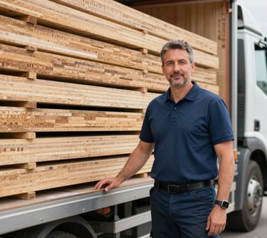 A professional portrait of a male logistics expert in his 40s standing next to a transport truck loaded with neatly stacked CLT panels, ready for European export. Professional and efficient mood.