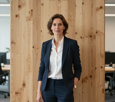 A professional portrait of a female architect in her 40s wearing smart-casual attire, standing in front of a CLT wall in a modern office. Central European style, professional and confident.