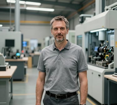 A professional portrait of a male production manager in his 50s standing in a clean, modern timber manufacturing facility with high-tech machinery in the background. Central European context.
