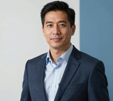 A professional portrait of a man in business attire, standing against a minimalist white and medium blue background. The lighting is soft and flattering, typical of a North American / International Professional corporate headshot.