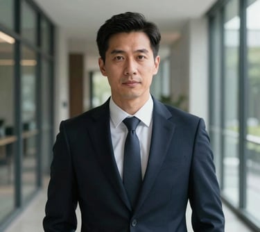 A professional portrait of a man in business attire, looking forward with confidence. The background is a clean, minimalist hallway with glass and dark navy accents. North American / International Professional style.