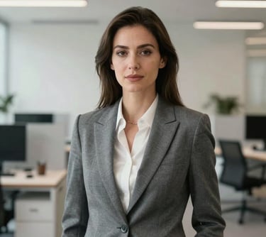 A professional portrait of a woman in modern professional attire against a blurred background of a sleek, tech-focused office space with soft lighting and grey and off-white tones.