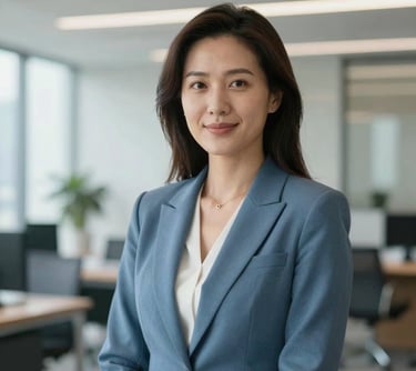 A professional portrait of a woman in a slate blue blazer standing in a bright, modern office with soft-focus architectural details in the background. High-quality photography reflecting leadership and trustworthiness in an international professional context.
