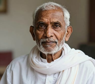 Portrait of an elderly South Asian man with a peaceful expression, wearing traditional white cotton attire, representing the foundational wisdom of the first generations.