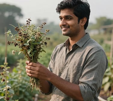 Portrait of a young South Asian professional in an herb garden, holding a bundle of drying herbs, looking toward the horizon with a confident smile.