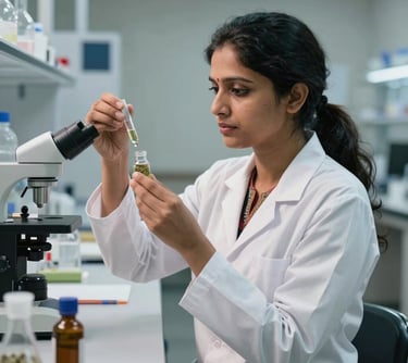 Portrait of a South Asian woman in a modern laboratory setting, wearing a white coat over traditional attire, examining herbal extracts with scientific equipment.