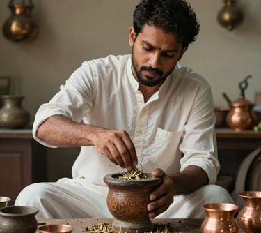 Portrait of a South Asian man in a workshop, surrounded by traditional wooden mortars and copper vessels, focused on hand-grinding fresh medicinal herbs.