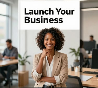 A book cover for 'Launch Your Business' featuring a creative North American / US African American entrepreneur in a modern office setting, bright and inspiring colors.