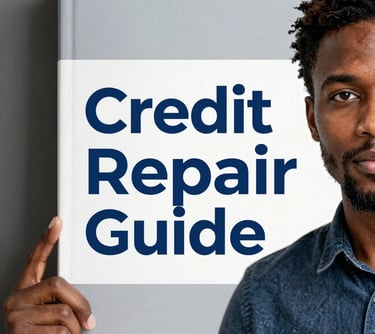 A high-quality book cover for 'Credit Repair Guide' featuring a professional North American / US African American individual, with clean typography and blue and grey brand colors.