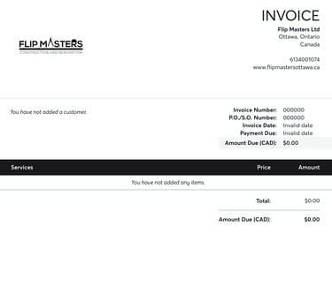 Flip Masters Ltd construction and renovation service invoice template with logo and business contact details.