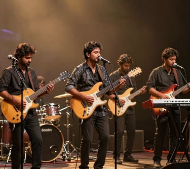 A group of professional South Asian / Indian musicians on a stage with guitars and keyboards, part of a Bollywood band setup, with Muted Gold stage lighting.
