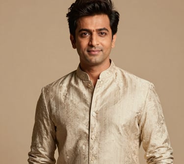 A professional portrait of a lead South Asian / Indian male singer in elegant attire, standing against a Warm Beige background with soft, sophisticated lighting.