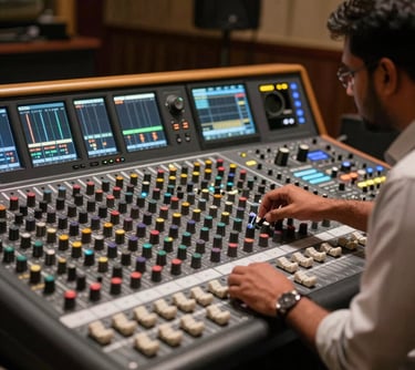 A professional South Asian / Indian male sound engineer at a modern mixing console, working in a dimly lit venue with soft Muted Gold accents on the equipment.