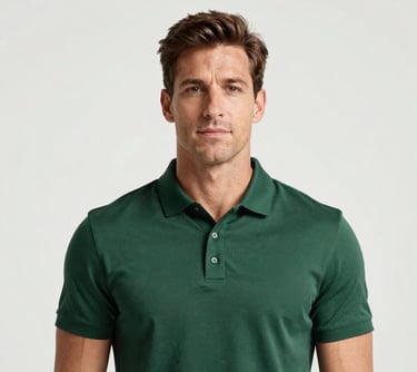 Professional portrait of a sports nutritionist in a clean, bright studio, wearing a deep forest green polo shirt, looking trustworthy and empowering.