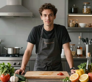 Portrait of a food innovator in a modern, sophisticated kitchen setting, emphasizing the clean and natural ingredients of the brand.