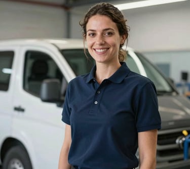 Portrait of a smiling professional woman in her 30s wearing a dark blue polo shirt, standing in a bright, modern vehicle workshop in Spain.