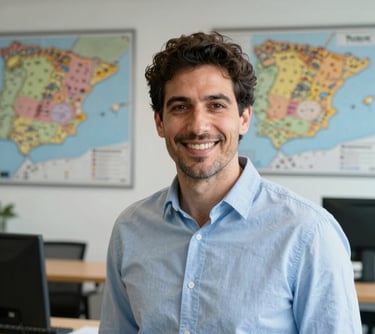 Portrait of a friendly man with a professional look, wearing a light blue shirt, in a modern office with maps of Spain on the wall.