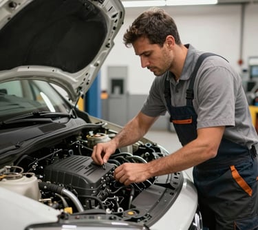 A focused professional man in work attire inspecting a clean van engine in a well-lit Spanish maintenance facility.