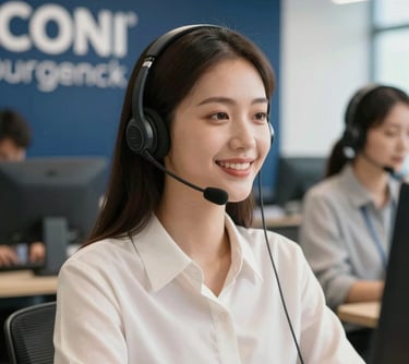 Portrait of a cheerful young woman wearing a headset in a modern customer service center with branding in dark blue and off-white.