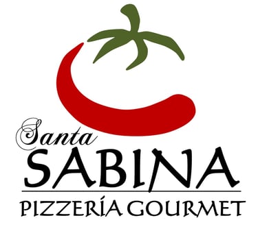 Logotipo de Santa Sabina Pizzería Gourmet con una ilustración de tomate rojo y tipografía negra