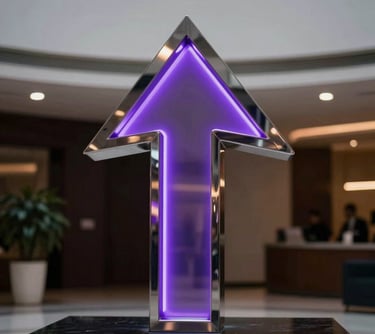 A sharp, modern photograph of a polished metal sculpture representing an upward arrow, reflecting purple neon lights in a dark, professional lobby in Latinoamérica.