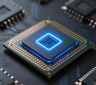 A photography of a high-tech processor chip glowing with blue light, set against a dark background, symbolizing the technological heart of our marketing strategies.