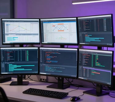 A photography of a professional workplace with three high-resolution monitors displaying complex data charts and code, with a subtle violet backlight in a modern office.