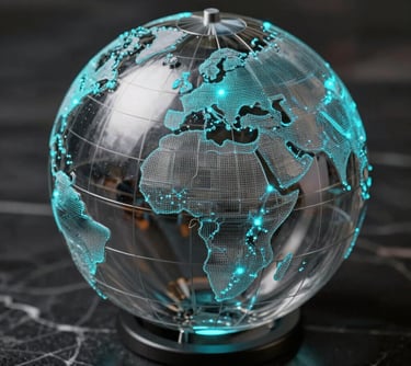 A high-quality macro photograph of a metallic digital globe with glowing cyan nodes, sitting on a dark marble surface, representing global reach and regional impact.