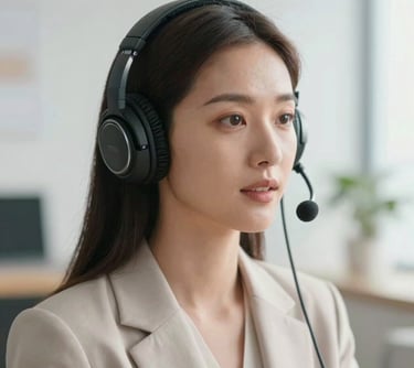 A close-up portrait of a professional woman in a bright, airy North American studio, wearing light-colored attire and professional headphones, looking insightful and engaged.
