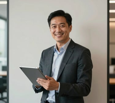 A professional portrait of a business person in a North American setting, holding a tablet and smiling warmly, framed against a modern off-white interior wall.