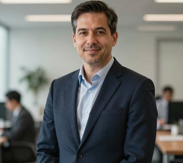 A professional portrait of an executive in a North American corporate environment, wearing a dark navy blazer, exuding confidence and leadership, with a blurred office backdrop.