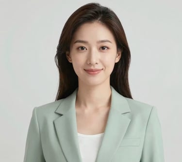 A professional portrait of a woman in a bright, modern studio. She has an approachable yet professional demeanor. The color palette is neutral with soft accents of #A4BC9F. Very high-quality, clear photography.