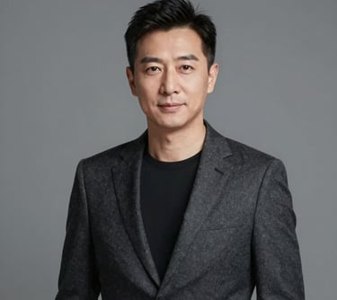 A professional, high-end portrait of a man in his 40s with a sharp, professional look. Minimalist grey background, soft studio lighting. He is wearing a dark #2C3333 blazer. Refined and trustworthy aesthetic.