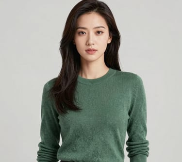 A professional portrait of a woman with a confident, artistic expression. She is in a minimalist studio with soft, even lighting. The background is a clean #F7F7F7. Her attire is a sophisticated knit in #597E52.
