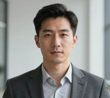 A professional portrait of a man with a focused, intelligent gaze. Minimalist architectural background with clean vertical lines. Lighting is crisp, reflecting a professional and high-tech brand mood. Wearing #2C3333.