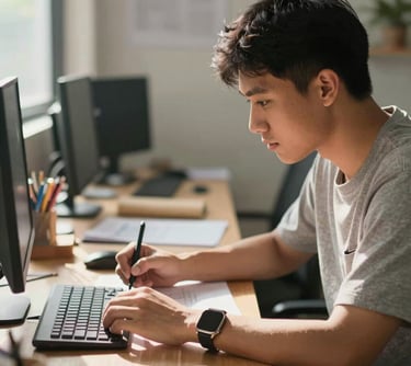 Candid shot of a young Southeast Asian male professional working on a creative design. He looks authentic and focused. Sunlight illuminates his desk, creating a warm, honest vibe.