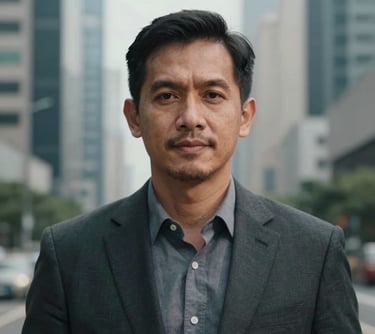 Portrait of a professional Southeast Asian man in his late 30s, looking approachable and confident. Cinematic lighting, soft-focus background of an Indonesian business center.