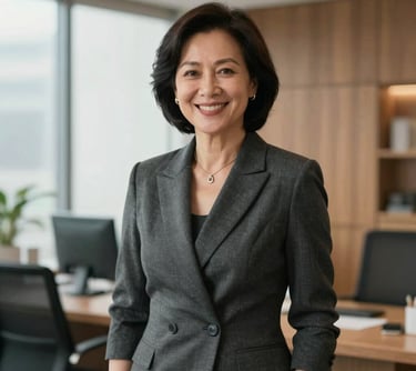 Portrait of a Southeast Asian woman in her 40s with a warm, friendly smile, dressed in elegant charcoal attire. She is standing in a brightly lit office with warm wooden accents.