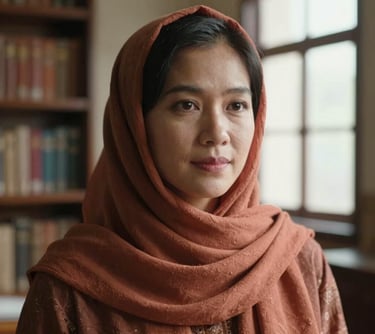 Portrait of a Southeast Asian woman with a kind expression, wearing a terracotta scarf. She is in a cinematic, sun-washed library or archival room in Jakarta.