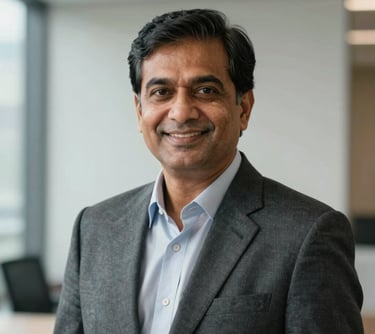 A professional and authoritative headshot of a mature South Asian man in a charcoal business suit, smiling confidently. Set against a minimalist corporate background with soft, natural lighting.