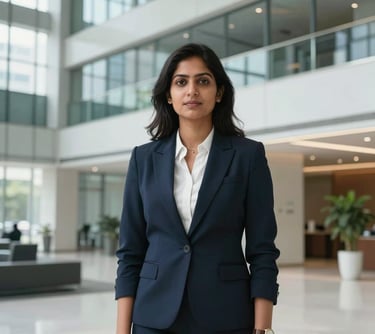 Professional portrait of a South Asian woman executive in a modern business blazer, standing in a bright, modern corporate lobby in Dhaka with glass and steel architecture in the background.