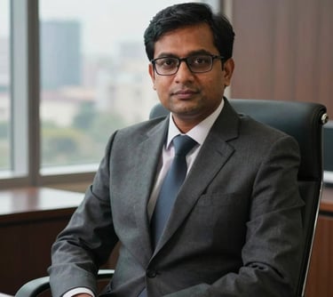 Professional portrait of a South Asian man in his 40s wearing a sharp suit and glasses, sitting in a refined office environment with a blurred view of Dhaka city visible through the window.