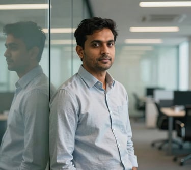 Professional portrait of a South Asian man in a smart-casual collared shirt, leaning against a minimalist glass wall in a tech-focused corporate office in Bangladesh.
