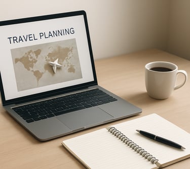 travel planning laptop workspace