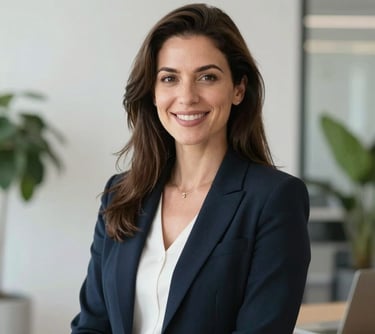 Portrait of a Southern European woman with a warm, confident smile, working in a modern office with crisp parchment walls and plants. Professional photography.