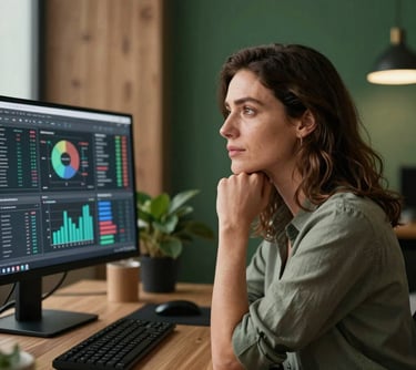 Portrait of a Southern European woman looking thoughtfully at a screen with digital analytics. Modern, warm office lighting with wood and forest green decor.