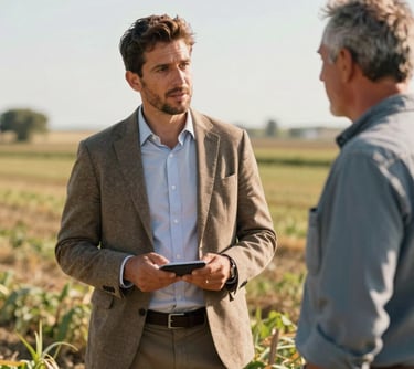Candid photography of a Southern European man in casual professional attire talking to a local farmer in a sunlit field, discussing marketing strategy. Warm, professional mood.