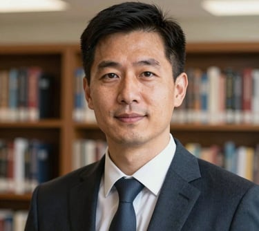 Professional photography headshot of a man in a professional suit with a blurred university library background, North American setting. Collaborative and inspiring mood.