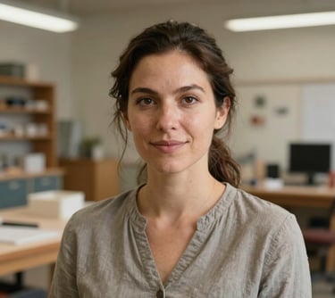Professional headshot of a woman in a workshop or community center in the US, neutral tones, focused and professional atmosphere.